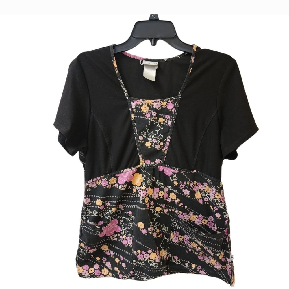 Studio B Cherokee Black Pink Floral Scrub Top Medium